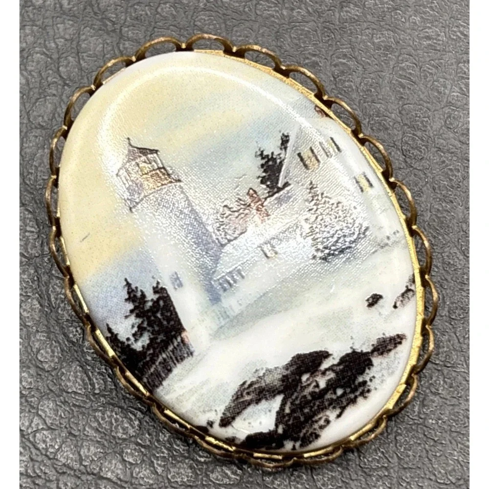 Vintage Winter Lighthouse in Snow Landscape Brooch Pin Gold Tone